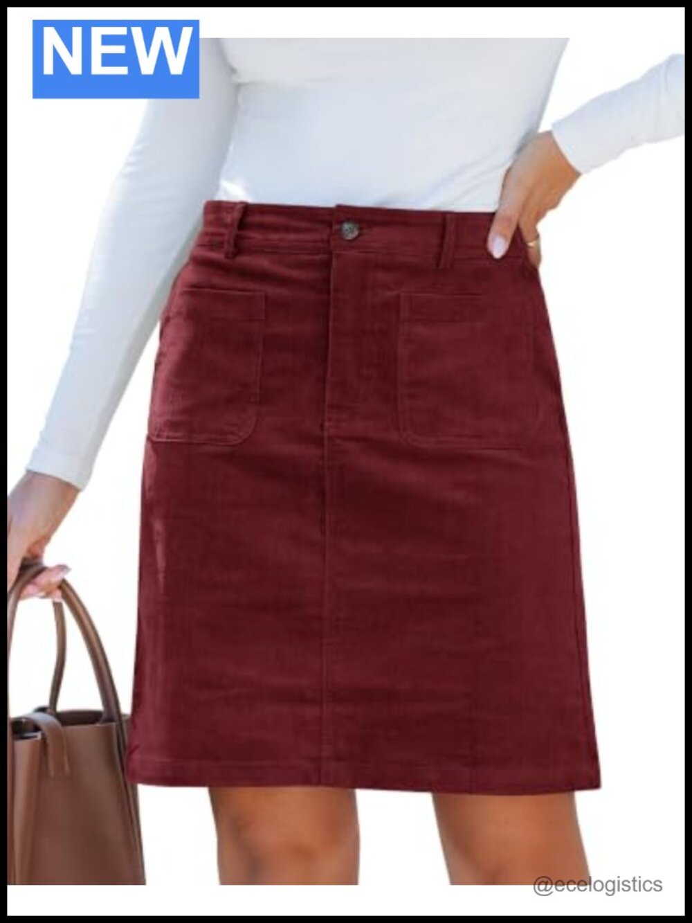 High Waisted Corduroy Skirt with Pockets, Casual Stretchy Fall Midi